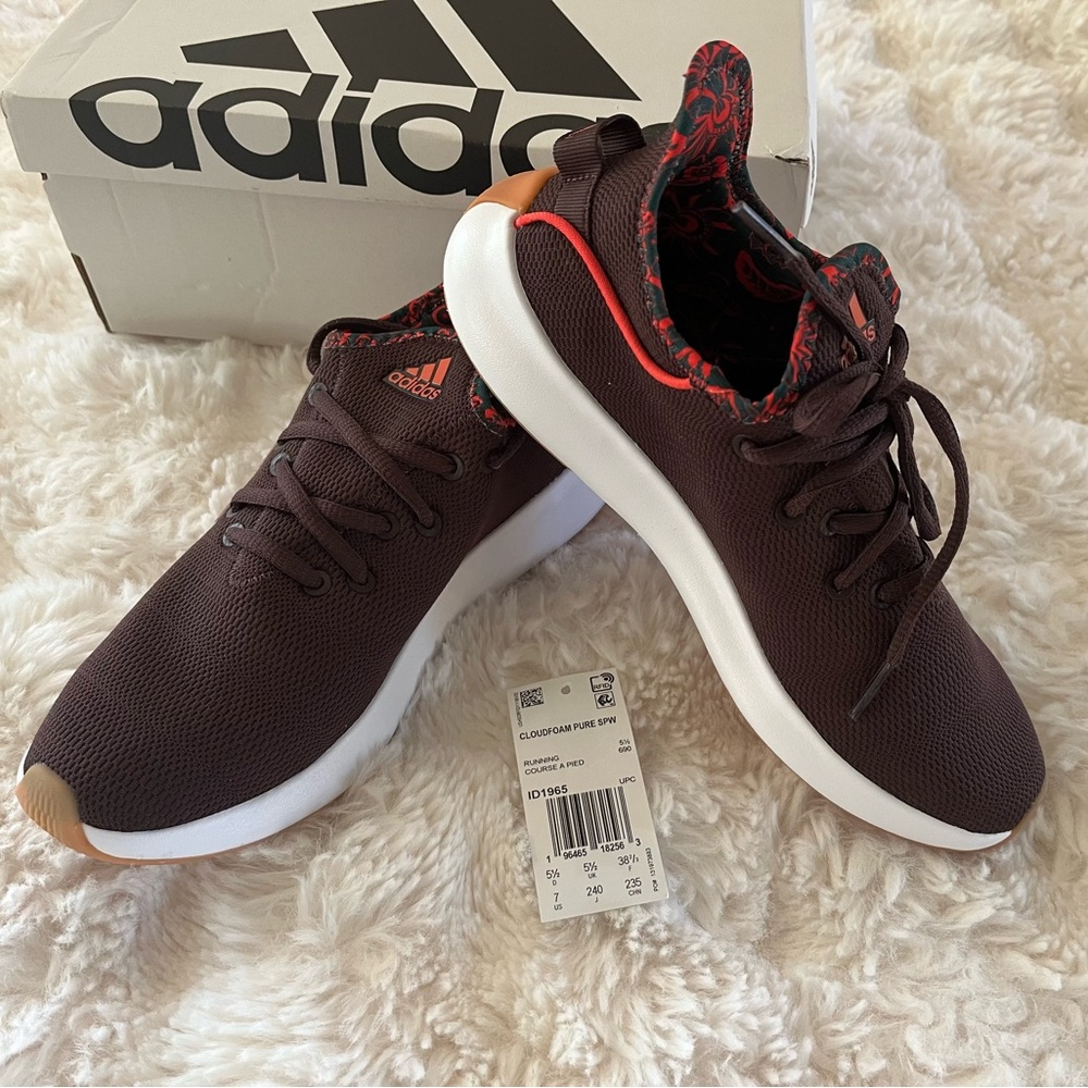 Adidas Maroon Cloudfoam Pure Sneakers with Red Accents (7) New in Box